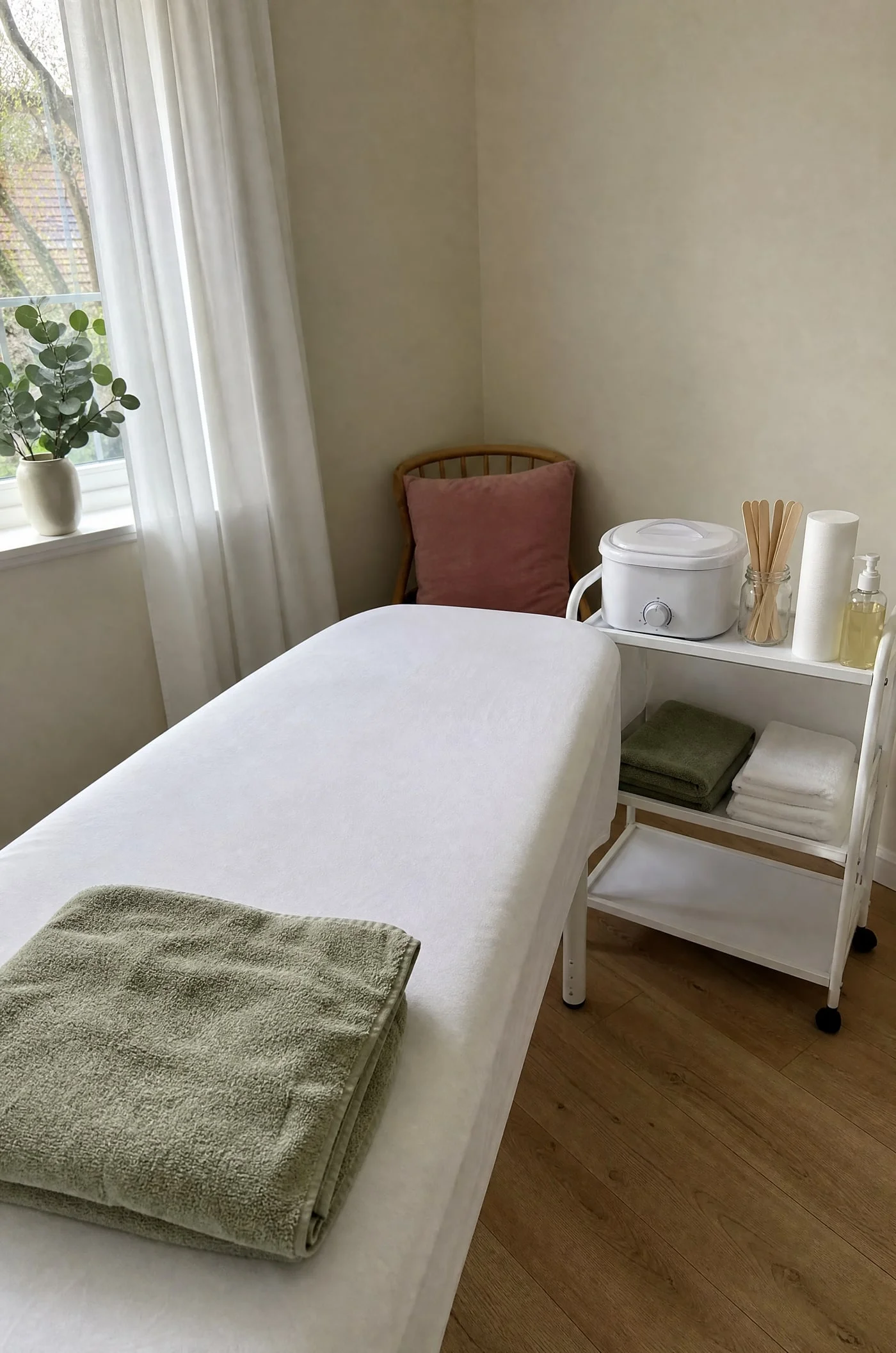 A clean, bright waxing room with a treatment couch and wax heater